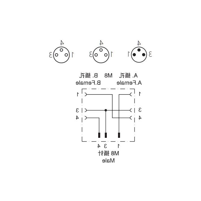 M8 3Pin公/ 2M8 3Pin母，Y型分流器，633341